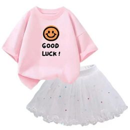 Clothing Sets Girls Clothing Set Princess Little Girl 2024 Summer Birthday Party Dress 2-piece Tutu Skirt+Smile Letter T-shirt SetL2405