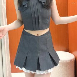 Skirts Double Skirt A-line Bustier Temperament Elegant Y2k High-waisted Hundred Pleated Decorated Gray Woman Clothing 2024 Spring