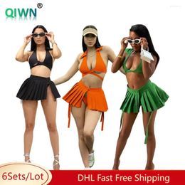 Women's Swimwear 6Sets Bulk Wholesale Women Swimsuits Sexy Backless Halter Bra Tops Lace Up Briefs Pleated Skirt 3 Piece Set Bikini Sets