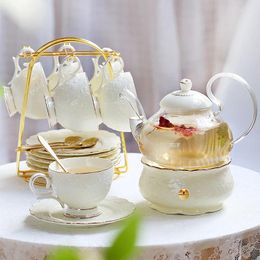 Teaware Sets Rose Embossed English Afternoon Tea Set Porcelain Candle Heating European Glass Ceramic Teapot Cups Saucer Spoon Holder Tray