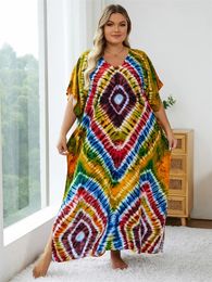2024 Bohemian Multicolor V Neck Loose Kaftan Dress For Women Summer Casual Plus Size Batwing Sleeve Vacation Long Q14 240517