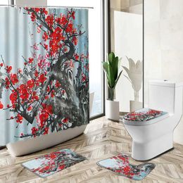 Shower Curtains Chinese Lotus Green Bamboo Landscape Shower Curtain Zen Ink Painting Art Non-Slip Pedestal Rug Toilet Cover Bathroom Deco Set