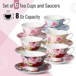 Cups Saucers Saucers Set of 6 Tea Set Floral Tea Cups (8oz) Saucers Set Tea Set Porcelain