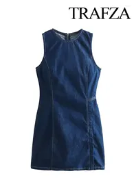 Casual Dresses TRAFZA 2024 Summer Women Fashion Denim Mini Dress Sleeveless O Neck Back Zipper Slim Female Streetwear Vestidos