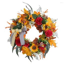 Decorative Flowers Fall Floral Wreath With Bow Realistic Sunflower Indoor Outdoor Seasonal Decor For Farmhouse Front Door Walls