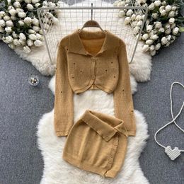 Work Dresses Fashion Skirt Set Women Autumn Short Polo Collar Knitted Cardigan Button Wrapped Hip Sweater Female 2-piece
