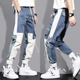 Mens Cargo Pants Casual Hip Hop Hit Color Multiple Pockets Trousers Streetwear Ribbons Techwear Sweatpants 240512