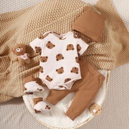 0-9 Months born Baby Boy 4PCS Clothing Set Bear Print Short Sleeve BodysuitPantsHatSock Cute Baby Pograph Outfit 240511