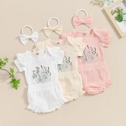 Clothing Sets Born Baby Girl Clothes Short Sleeve Floral Embroidery Romper Ribbed Ruffle Shorts Headband Summer Outfits 3Pcs