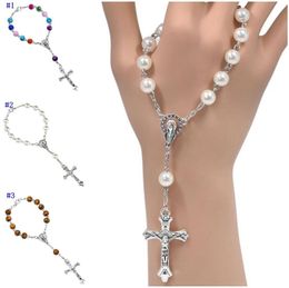 Catholic Rosary Prayer Beads Bracelet Cross Imitation Pearl Acrylic Bangles Fashion Wristband Fit Party Souvenirs7581466