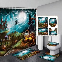 Shower Curtains Halloween Pumpkin Bathroom Curtain And Rug Set Cartoon Cute Funny Magic Hat Spooky Broom Party Decoration Accessories