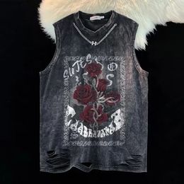 Summer Man Gothic Vest Old Washed Rose Print Sweat Tank Top Mens And Womens Ins Fashion Hip Hop Sleeveless T-shirt 240511