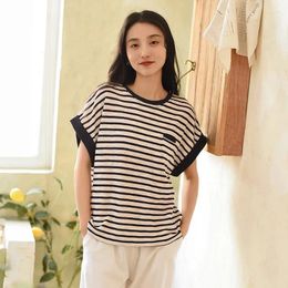 Women's T Shirts Johnature Women Striped Casual T-Shirts O-Neck Short Sleeve Tees Patchwork Pockets 2024 Summer Blend Soft