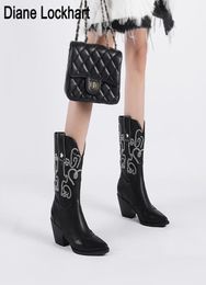 Boots Western Cowboy Womans For Women Pointy Toe Cowgirl Square Heels Knee High Retro Shoes Black Boot Brand3103591