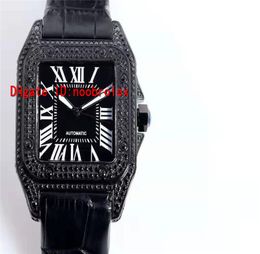 Classic Black Diamond Square Mens Watch Automatic Movment Sapphire Crystal White Roman Digital Leather Strap Luminous Watches7505048