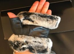 Vintage style glove winter soft genuine leather Open finger gloves with Rabbit fur black gloves good quality with gift box Anita4813546