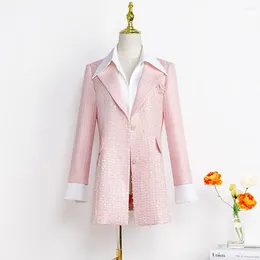 Women's Suits Pink Sequin Elegant Jacket Women Small Fragrant Coat Crop Tops Korean Fashion Simple Long Sleeve Slim 3D Flower Blazers