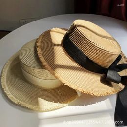 Berets Everything Ruffian Straw Hat Women's Summer Flat Small Top Bow Streamer Beach Sun