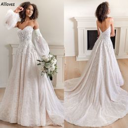 Removable Lantern Sleeves A Line Wedding Dresses Plus Size Sweetheart Sexy Low Back Boho Country Bridal Gowns Long Tulle Lace Appliqued 258v