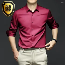 Men's Dress Shirts Korean Fashion Men Long Sleeve Smooth Spring Summer Streetwear Oversized Slim Wine Red Business Office Casual Social