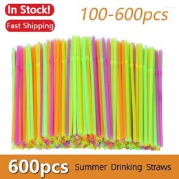 Disposable Cups Straws 100-600Pcs Fluorescence Colour Elbow Plastic Bar Party Event Alike Supplies Bendable Cocktail Drinking