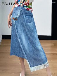 Skirts GVUW Pleated Tassel Skirt Women Niche Design Elastic Waist Medium Long Loose Irregular Hem 2024 Summer Female 17G6235