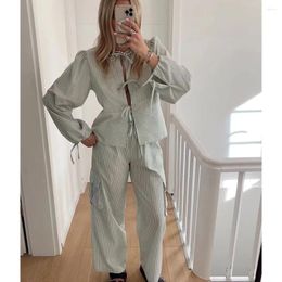 Women's Two Piece Pants Summer Shirt French Niche Fashion Stripe Tie Up Straight Tube Casual High Waisted Set