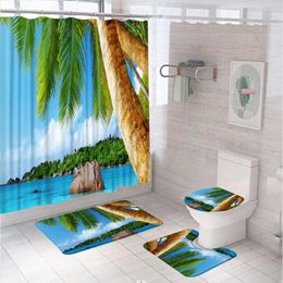 Shower Curtains Summer Tropical Beach Curtain Set Seaside Island Palm Tree Blue Sea Forest Bathroom Non Slip Toilet Bath Mat Rug