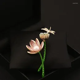 Brooches Classical Lotus Flower Brooch Chinese Style Fashion Neckline Pin Micro Inlaid Dragonfly Corsage Suit Coat Cheongsam Jewellery 6125