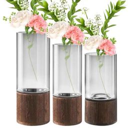 Vases Cylindrical Glass Flower Vase With Wooden Base Rustic Style Vintage Pot Transparent Frame Tabletop Plants