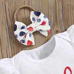 Clothing Sets Baby Girls 3PCS Birthday Short Sleeve Romper Tops Strawberry Print Flared Pants Headband