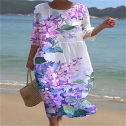 Casual Dresses Summer Long Dress Bohemian Vacation Style Midi With Flower Print Loose Half Sleeves Round Neck For Women Wear Beach