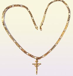 24k Solid Gold GF 6mm Italian Figaro Link Chain Necklace 24" Womens Mens Jesus Crucifix Pendant2806249