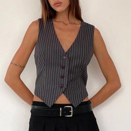 Women's Jackets Fashion Pinstripe Vest Sleeveless V Neck Button Outwear Gilet For Casual Streetwear