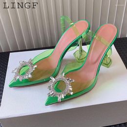 Sandals Summer Fairy Style Pointed Toe Women's PVC Rhinestones Sunflower Button Pumps Shallow Fashion Dress Crystal Shoes Mujer