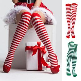 Women Socks 3 Pairs Striped Stockings Green White Over Knee Length Soft Holiday Christmas Stage Performance Party Long Thigh