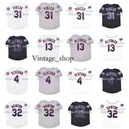 Vin Vintage 2000 Baseball Jersey Mike Piazza 13 Edgar Alfonzo 4 Robin Ventura 32 Mike Hampton White Grey Black Jerseys