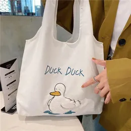 Shoulder Bags Fashion Canvas Ladies Large Capacity Shopping Bag Cute Duck Cartoon Women Girls Student Book Handbags Casual Tote