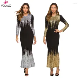 Casual Dresses VOLALO 4xl 2024 Fall Autumn O-Neck Long Sleeve Sequined Mesh See Through Mid Calf Dress Sexy Bandage Night Club Midi