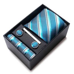 Neck Tie Set Wholesale Brand Silk Tie Pocket Squares Cufflink Set Box Necktie Cravat Man Blue Dot Wedding Accessories Fit Office Business