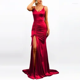 Casual Dresses Split Front Drawsting Long Strappy Satin Dress Backless Sleeveless Sexy Mermaid Eveing Party Maxi Gown