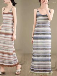 Casual Dresses Striped Edge Colour Matching Strap Dress Sleeveless Summer 2024 Simple Commuting Slimming For Women Vestido K476