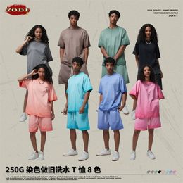 ZODF Retro 2024 Summer Pure Cotton Mens T-shirt Unisex Loose 250gsm O-Neck Distressed T-shirt Brand Clothing HY0757 240511