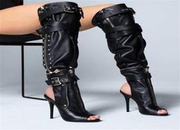 New Design Women Fashion Open Toe Black Leather Zipper Design Knee High Boots Removable Long High Heel Motorcycle Boots Buckles Bo2373414