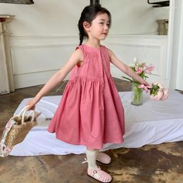 Girl Dresses Summer Girls Round Neck Sleeveless Ruffle Solid Colour Dress Lace Up Seaside Little Fresh Lady Imitation Tensilk