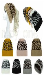 Women Leopard Knitted Ponytail Caps Fashion Criss Cross Ponytail Beanie Winter Warm Wool Casual Knitting Hat Party Hats Supply RRA2548844