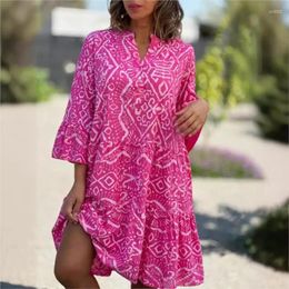 Casual Dresses 2024 Summer Women's Printed Cake Dress Resort Style Sexy V-neck Pleated Elegant Flare Sleeves Beach Woman Vestidos