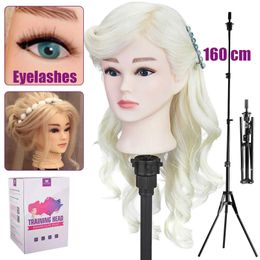 Mannequin Heads A human model with real hair training head hairdresser curling practice dummy doll 160cm tripod mini Q240510