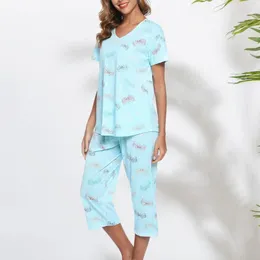 Women's Two Piece Pants Casual Pajama Set Print Pajamas With V Neck Wide Leg 2 Mother Grandmother Sleepwear For Women