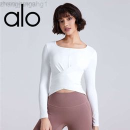 Desginer Als Yoga Top Shirt Clothe Short Woman Hoodie Cross Button Slim Fit Dress Long Sleeved Pilates Sports Top Womens Waist Tight Fitness T-shirt